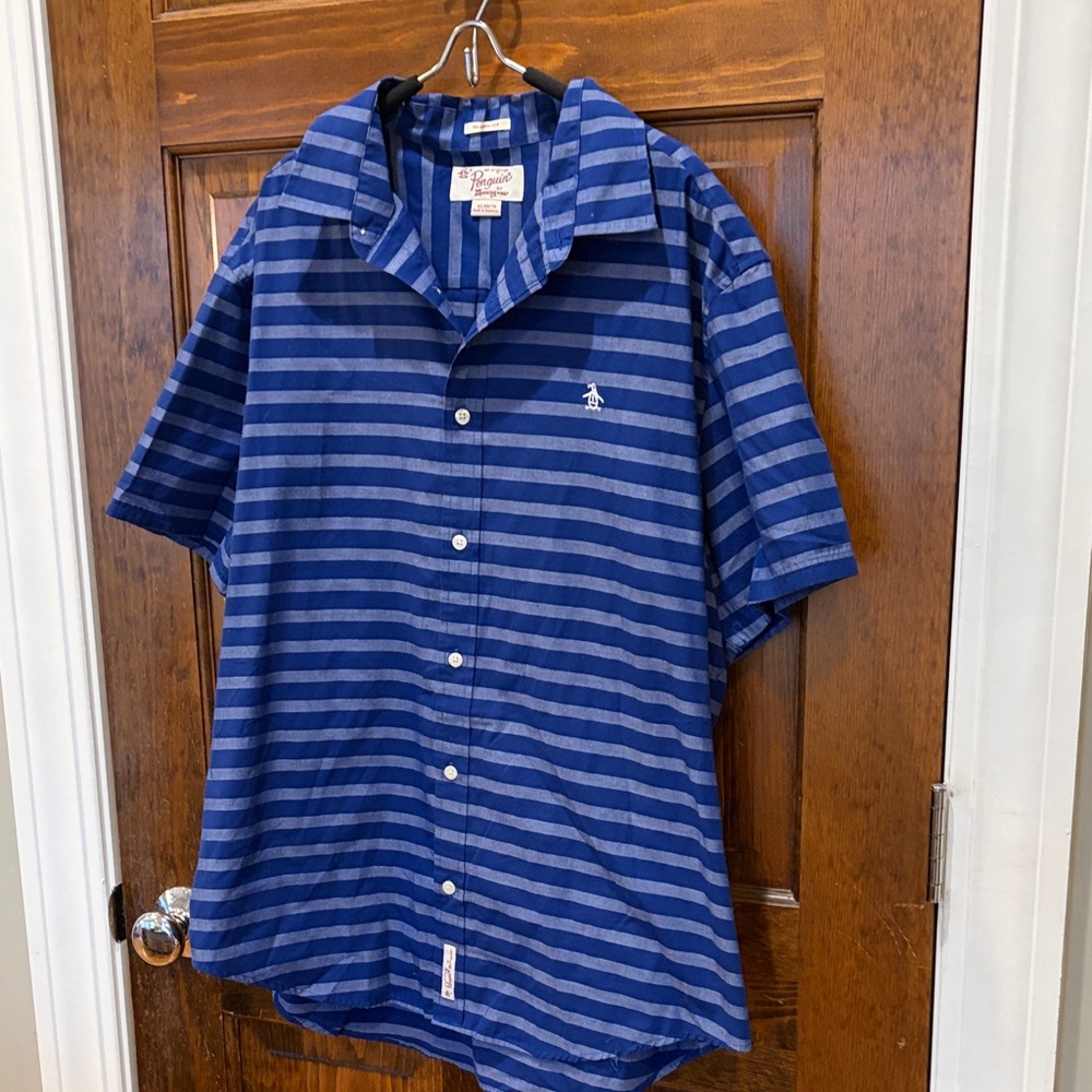 Original Penguin Blue and Navy Striped Short-Sleeve Button-Up